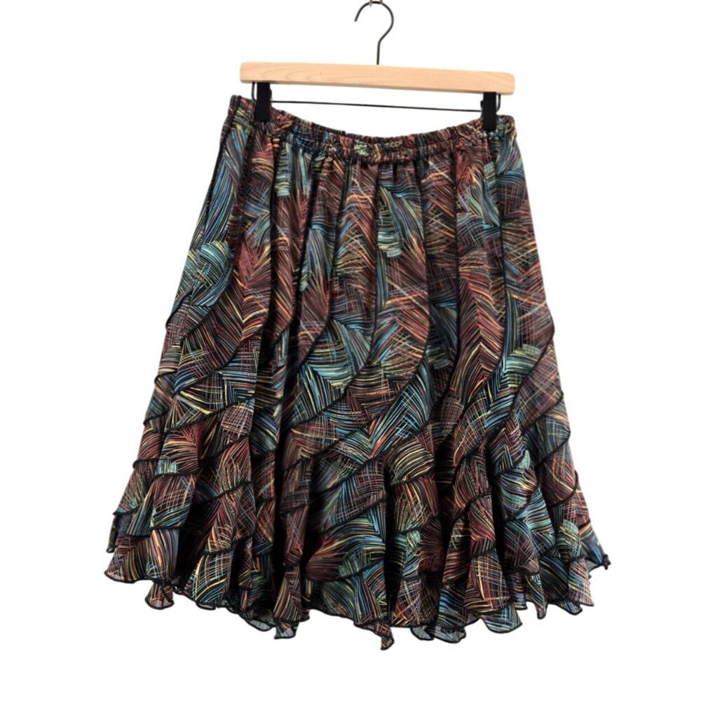 Fluted Flouncy Skirt Black Multi Color Geometric Print L MxNouveau Career Wear